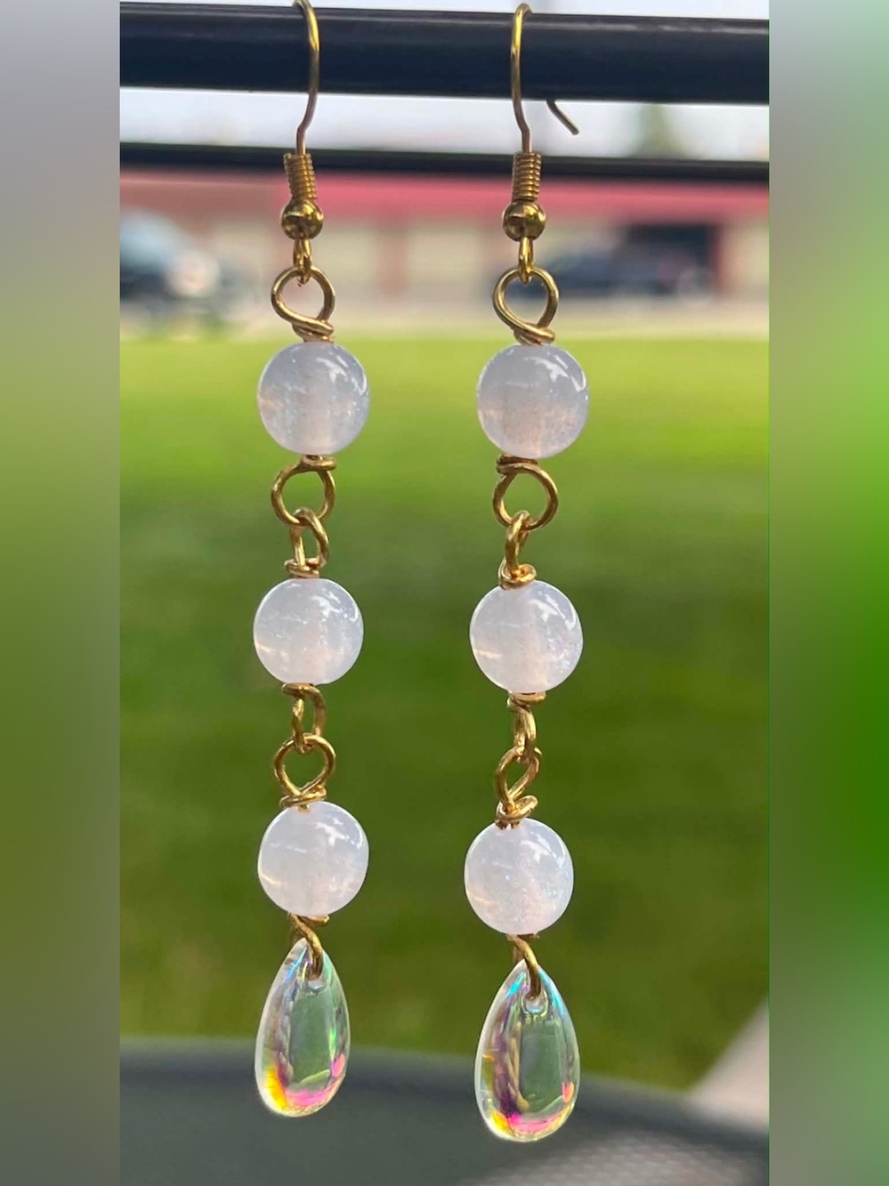 Handmade Gold Drop Earrings with White Beads and Teardrops